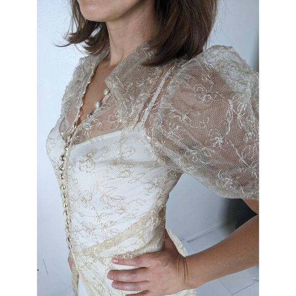 vintage 30s Sheer EMBROIDERED Dagger Collar MAXI DRESS xs/s tea stained 1930s - Picture 6 of 10